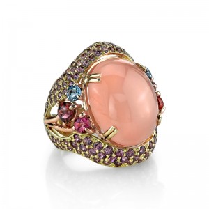 18K yellow ring cabochon rose chalcedony, rhodolite, pink tourmaline, blue topaz